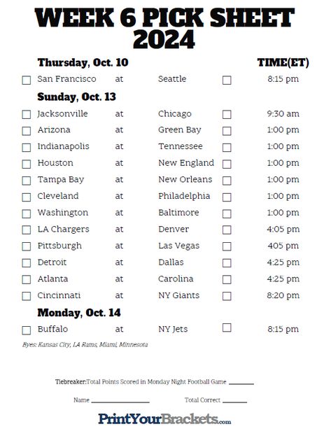 Printable NFL Week 6 Schedule Pick em Pool 2024 Football Pool Template Free Printable, Nfl Weekly Picks, Football Pool, Office Pool, Football Team Names, Football Pics, Ny Jets, Nfl Football Teams, La Rams