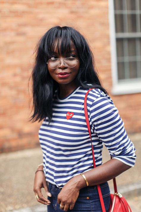 Comme des Garçons PLAY navy blue striped shirt | MILLENNIELLE Comme Des Garcons Play Outfit, Comme Des Garcons Outfit, Black Bloggers, Blue Striped Shirt, School Style, Comme Des Garcons Play, Daytime Dresses, Live Fashion, Selling Clothes