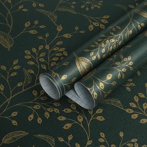 Amazon.com : Wallpaper Dark Green And Gold Wallpaper, Gold Green Wallpaper, Green And Gold Wallpaper, Boho Peel And Stick Wallpaper, Cabinets Shelf, Forest Green Bedrooms, Green Bookshelves, Peel And Stick Wallpaper Floral, Green Bedroom Decor