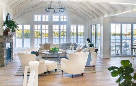 Feature Friday: The Lily Pad Cottage, Part 2 - Southern Hospitality Lake House Living Room Decor, Lake House Living, Small Lake Houses, Lake House Living Room, White Living Room Decor, Lake House Interior, House Living Room, Coastal Living Rooms, White Living Room