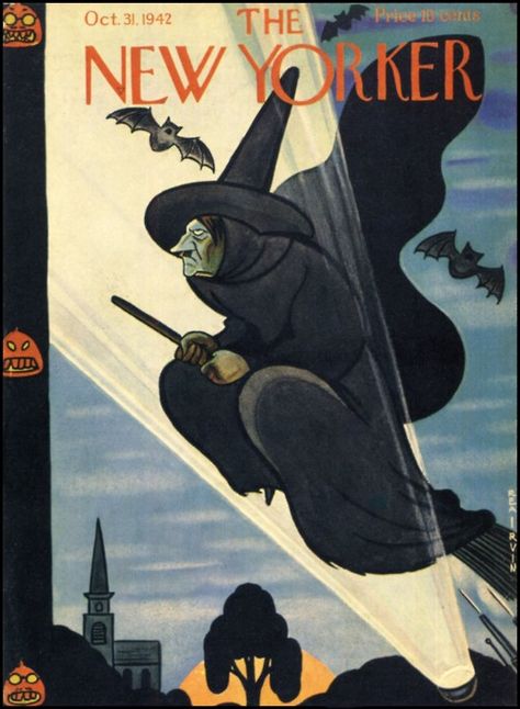 Cover, The New Yorker, October 1942 Vintage Halloween Cards, The New Yorker Magazine, Vintage Halloween Images, The Legend Of Sleepy Hollow, New Yorker Magazine, New Yorker Covers, A Broom, Vintage Witch, Baba Yaga