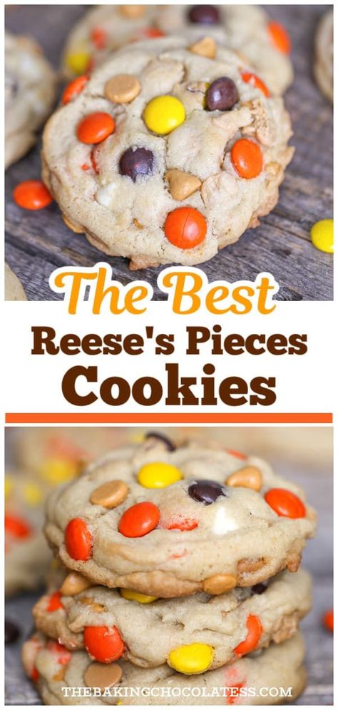 Imagine biting into a soft, peanut butter cookie loaded with colorful Reese's Pieces candies! Our easy homemade Reese's Pieces Cookies recipe will have you baking up a storm in no time. Perfect for parties or a sweet treat for the family, you'll be everyone's favorite cookie master with these scrumptious bites! Reese Cookies Recipes, Resses Pieces Cookies, Best Reeses Pieces Cookies, Reece’s Peanut Butter Cookies, Chocolate Reese’s Pieces Cookies, Easy Reese’s Pieces Cookies, Homemade Chocolate Chip Cookies Recipe, Reese's Pieces Cookies, Cookie Recipes For Kids