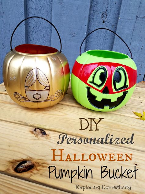 DIY Personalized Halloween Pumpkin Bucket - TMNT and Cinderella carriage Diy Halloween Buckets, Diy Halloween Pumpkins, Plastic Pumpkins Bucket, Cinderella's Carriage, Tmnt Raphael, Pumpkin Pail, Halloween Pumpkin Diy, Treat Bucket, Pumpkin Bucket