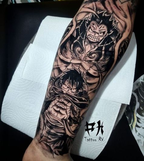 One Piece Tattoo Ideas Design, Anime Leg Tattoo, One Piece Tattoo Design, Luffy Tattoo Ideas, Anime Tattoos For Men, One Piece Tattoo Ideas, Luffy Tattoo, One Piece Tattoo, Tiger Tattoo Sleeve