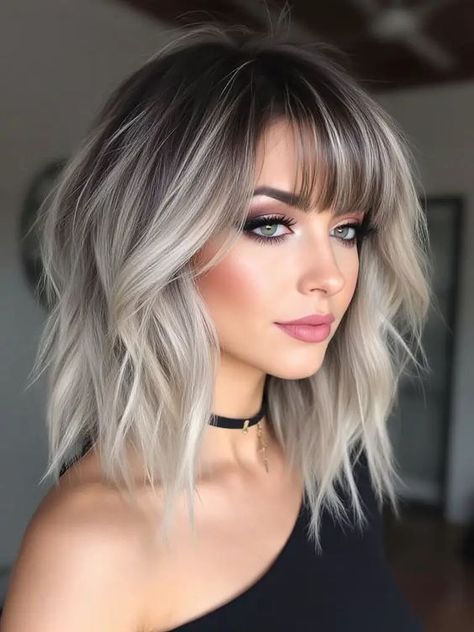 24 Stunning Winter Hairstyles with Bangs for 2025: Fresh Looks and Pro Tips Haircut With Bangs Medium Length Hair, Platinum Asymmetrical Bob, Blond Shoulder Length Hair With Bangs, French Fringe Bangs Round Face, Short White And Black Hair, Hair Cut Ideas 2024 Trends, Blonde Highlights On Dark Hair With Bangs, Edgy Stacked Bob, Medium Length Hair Styles Fall 2024