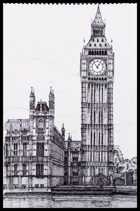 Building Sketches, Biro Drawing, Clock Drawings, Fruit Art Drawings, Education Logo Design, Gcse Art Sketchbook, Building Sketch, Pen Illustration, Building Drawing