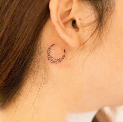 Crescent Moon Tattoo by River Moon Tattoo Behind Ear, Crescent Tattoo, Personal Tattoos, Behind The Ear Tattoos, Minimalist Tattoo Meaning, Behind Ear Tattoos, Tattoo Behind Ear, Paris Tattoo, Typography Tattoo