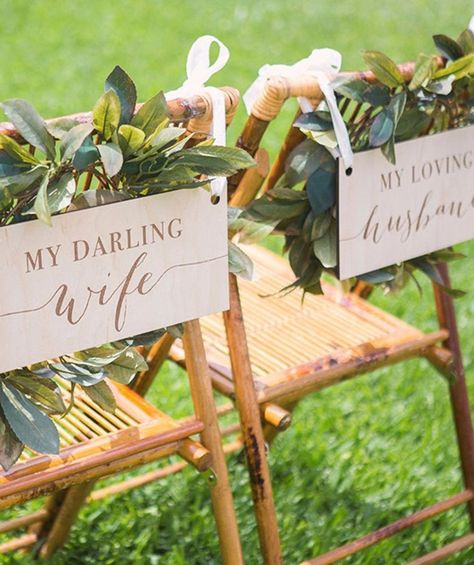 Your dream wedding awaits… right in your own backyard. Lace Wedding Decorations, Wedding Chair Signs, Sweetheart Table Wedding, Forever Wedding, Wooden Wedding Signs, My Darling, Wedding Chairs, Decoration Inspiration, Wooden Wedding