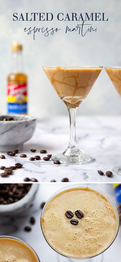 Made with only a handful of ingredients in five minutes, this festive salted caramel espresso martini is the perfect cocktail for any coffee-lover! Different Espresso Martini, Festive Espresso Martini, Espresso Martini Flavors, Spooky Espresso Martini, Caramel Espresso Martini, Flavored Espresso Martini, Coconut Espresso Martini, Espresso Martini With Kahlua, Espresso Martini Variations