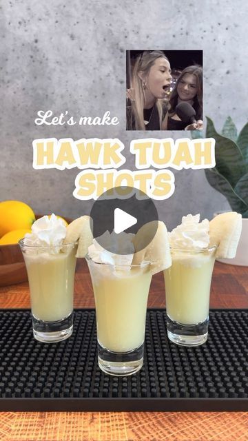 Derek Koza on Instagram: "Hawk Tuah Shots 🦅💦

Ingredients
- Vodka
- Coconut Rum
- Banana Liqueur
- Pineapple Juice
- Cream of Coconut
- Whipped Cream
- Banana

#cocktailrecipes #cocktails #cocktail #drinkrecipes #drinks #mixology #cocktailtime #drink #drinkstagram #cocktaildress #shots #shotrecipes" Banana Liqueur Shots, Rum Chata Pineapple Cream Recipes, Rumchata Pineapple Drink, Drinks With Cream Of Coconut, Rumchata Recipes Shots, Rumchata Recipes, Banana Liqueur, Cream Of Coconut, Happy Juice