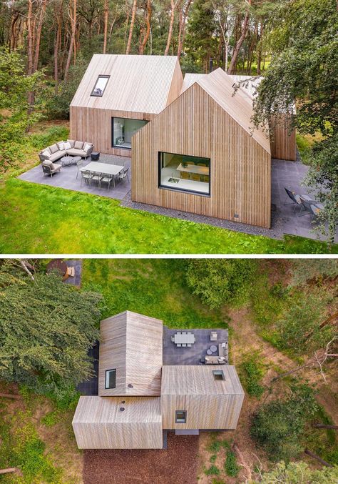 T Shaped House, Small Building Design, Light Wood House, Modern House In The Woods, Wooden House Exterior, Wood Villa, Furniture Names, Modern Wood House, House Shapes