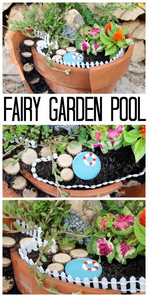 Make this fairy garden with a pool for your outdoor area or garden! Garden With A Pool, Simple Garden Furniture Ideas, Make A Fairy Garden, Garden Diy Furniture, Ground Garden, Fairy Fountain, Make A Fairy, In Ground Pool, Camp Ground