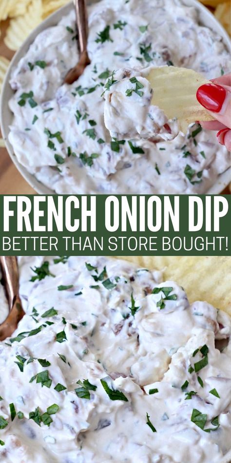 french onion dip in bowl with spoon and potato chip dipping into the bowl of dip French Onion Dip Recipe, Homemade French Onion Dip, Onion Dip Recipe, Homemade Sour Cream, French Onion Dip, Onion Dip, Sour Cream And Onion, Onion Soup Mix, Chip Dip