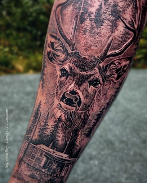 Had fun doing this custom Nature theme pine forest with a deer and my clients garnadfather’s cottage tattoo. Thank you Kyle 🤎 _ . . . . . . . . . . . . . . . Cottage Tattoo, Forest Tattoo, Forest Tattoos, Theme Tattoo, 3d Tattoos, Forest Theme, Realism Tattoo, A Deer, Pine Forest