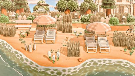 Acnh Forestcore Beach Ideas, Springcore Beach Acnh, Acnh Beach Design Ideas Cottagecore, Cottagecore Beach Acnh, Small Beach Area Animal Crossing, Acnh Beach Outfit Code, Acnh Beach Area Ideas, Acnh Cleancore, Acnh Public Beach