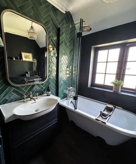 The Witch’s Hearth on Instagram: "Would you love this bathroom in your own home? . Photo credit: @delve.interiors . . . . . . #darkdecor#blackandgreen#darkdesign#greendecor#greenbathroom#slytherin#slytherinaesthetic#witchcore" Green Bathroom Ideas Tile, Bathroom Ideas Dark Green, Green Bathroom Ideas Decor, Hogwarts Bathroom, Dark Green Bathroom Ideas, Bathroom Ideas Dark, Clawfoot Tub Shower Curtain, Dark Green Bathroom, Small Dark Bathroom