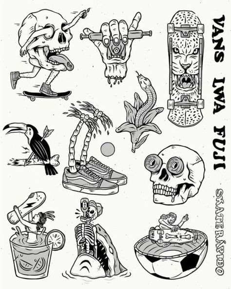 Skate Tattoo, Skateboard Tattoo, Skeleton Artwork, Surf Tattoo, Posca Art, Tattoo Portfolio, Tattoo Art Drawings, Tattoo Flash Art, School Tattoo