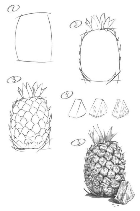 How To Draw Fruit Step By Step, How To Draw A Pineapple, Drawing Fruit Pencil, Easy Pineapple Drawing, Pineapple Drawing Simple, Fruit Drawing Pencil Sketches, Draw Pineapple, Fruits Sketch, Drawing Pineapple