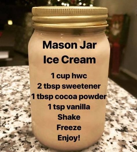 1 c. heavy whipping cream, 2 Tbsp cocoa powder, unsweetened, 1 t. vanilla. Try adding 1 t of vodka so it doesn't freeze hard. Shake, freeze and enjoy! #keto #ketoicecream #ketochocolateicecream Mason Jar Ice Cream, Jar Ice Cream, Low Carb Ice Cream, Postre Keto, Keto Ice Cream, Low Carb Sweets, Diet Vegetarian, Whipping Cream, Keto Desserts