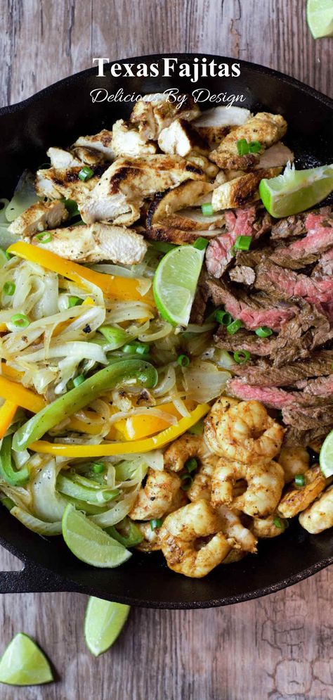 Steak, chicken, and shrimp are seasoned with bold spices, grilled to perfection, and served with sautéed peppers, onions, tortillas, and all the fixings. Fajita Recipes, Sautéed Peppers, Grilled Peppers And Onions, Marinated Skirt Steak, Chicken Mexican, Steak Shrimp, Fajita Marinade, Fresh Tortillas, Sauteed Peppers