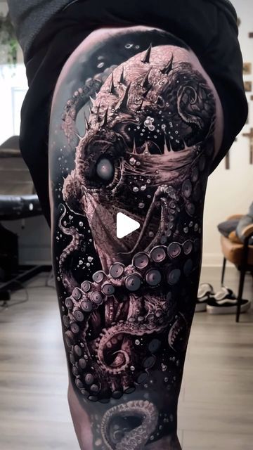 ☨ Dom Brown ☨ on Instagram: "Octopus 🐙 carrying on with a full underwater leg. Skull and tentacles a year healed. Thanks for toughing it out @tattoosbydd 🤘🏼

Sponsored by:
@kwadron @butterluxe_uk 

#dombrowntattoo #tattoo #tattoos #tattooart #tattooartist #dark #darkart #darkartist #blackandgrey #blackandgreytattoo #realism #realismtattoo #realistic #realistictattoo #fantasyart #octopus #octopustattoo #octopusart #octopustattoos #underwater #underwatertattoo" Skull And Tentacles, Underwater Tattoo, Octopus Tattoo Sleeve, Kraken Tattoo, Browning Tattoo, Crab Tattoo, Anchor Tattoo Design, Octopus Tattoos, Octopus Tattoo