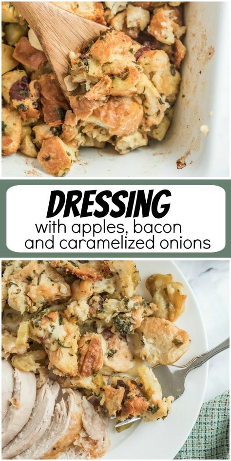 Dressing with Apples, Bacon and Caramelized Onions recipe from RecipeGirl.com #dressing #stuffing #apples #bacon #caramelized #onions #caramelizedonions #recipe #RecipeGirl Recipe For Dressing, Bacon Stuffing, Dressing Stuffing, Caramelized Onions Recipe, Apple Festival, Tom Turkey, Bacon Stuffed Mushrooms, Holiday Dinners, Gobble Gobble