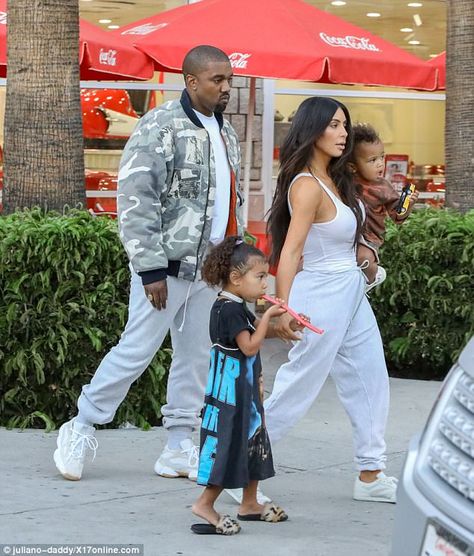 Kim Kardashian decided to go low key for the North's birthday party. The 36-year-old headed to a restaurant with husband Kanye West, their son Saint. Yeezy Runner, Celebrity Sneakers, Kanye West Style, David Beckham Style, Outfits For Kids, Birthday Party Outfit, Cute Date Outfits, Kim And Kanye, Kardashian Kids