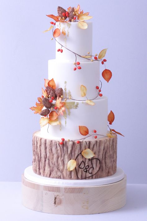 Woodland Cakes, Foliage Decoration, Fall Wedding Cake Topper, Autumn Wedding Cake, Sweets Design, Tree Stump Cake, Orange Wedding Cake, 4 Tier Wedding Cake, Fall Cake