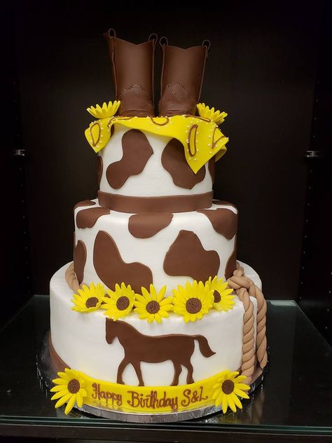 Cow print and Sunflowers Birthday Cow Print And Sunflower Cake, Cow And Sunflower Birthday, Spring Cake Designs, Cow Print Cakes, Cow Birthday Cake, Sweet 16 Party Themes, Cow Birthday Parties, Cow Cakes, Sunflower Party