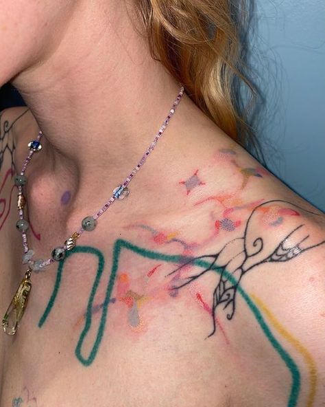 Colorful Tattoo Ideas, Colored Tattoos, Green Tattoo, Green Tattoos, Colorful Tattoos, Funky Tattoos, Wicked Tattoos, Magic Tattoo, Collar Bone Tattoo