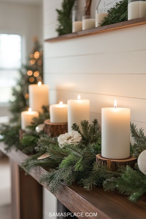 Transform your living room into a festive haven with these 21+ fireplace decor ideas for Christmas 2024! Create a cozy and magical holiday ambiance with garlands adorned with twinkling fairy lights, stockings in classic red and white, and elegant ornaments. Go for a rustic farmhouse vibe with natural greenery, pinecones, and plaid accents, or opt for a chic modern look with metallic gold and silver decor. #FireplaceDecor #ChristmasDecor2024 #HolidayHomeIdeas #FestiveFireplace Greenery On Fireplace Mantel, Winter Fireplace Mantle Decor, Winter Living Room Decor Cozy, Flameless Candles Decorating Ideas, Christmas Mantel Decorating Ideas Simple, Mantle Greenery, Candle Mantle Decor, Christmas Fireplace Garland, Decor Ideas For Christmas