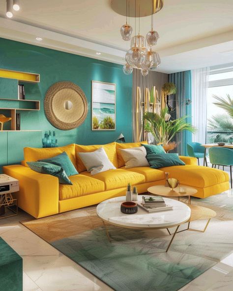 Yellow And Teal Dining Room, Yellow Painted Rooms, Yellow Living Room Ideas, Teal Living Room Ideas, Mustard Living Rooms, Dining Room Teal, Teal Living Room, Mediterranean Living Room, Living Room Turquoise