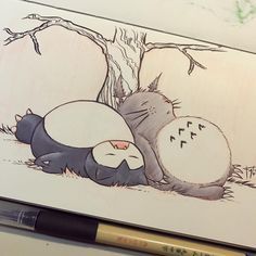 Snorlax And Totoro, Snorlax Art, Totoro Drawing, Seni Korea, Cute Doodle, Pokemon Tattoo, Beautiful Art Paintings, Studio Ghibli Art, Ghibli Art