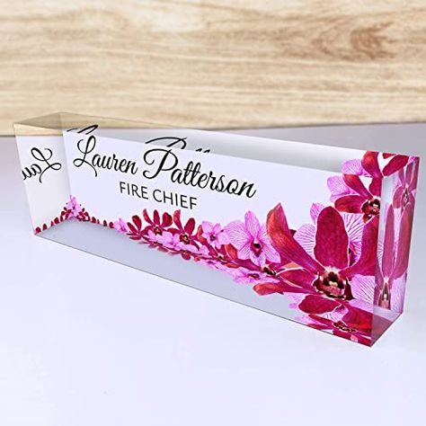 Personalized Name Plate for Desk with Pink & Purple Floral Design - Custom Desk Name Plate Office Desk Decor- Floral Design Office Decor for Women - Desk Name Plate Coworker Gift Idea for Christmas Year End Teacher Gifts, Acrylic Desk Accessories, Custom Desk Name Plates, Job Promotion Gifts, Personalized Desk Name Plate, Office Decor For Women, Personalized Name Plates, Fire Gifts, Custom Plaques