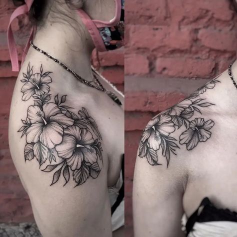 20 Best Hibiscus Tattoo Designs to Inspire You Beachy Arm Tattoos For Women, Tropical Flower Shoulder Tattoos For Women, Hibiscus Tattoo Design For Women, Hibiscus Shoulder Tattoos For Women, Tropical Flower Tattoo Sleeve, Hibiscus And Plumeria Tattoo, Feminine Flower Tattoos, Tropical Tattoos For Women, Hibiscus Tattoo Design