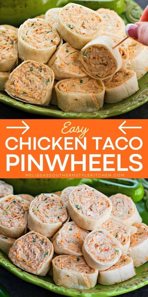 Looking for easy appetizers for a party? This chicken pinwheel recipe is the perfect delicious snack recipe you can serve at a party! A simple taco pinwheel recipe that will give you a creamy snack or appetizer to indulge in! Easy Simple Party Food, Easy Chicken Taco Pinwheels, Freezable Pinwheels, Pin Wheel Ideas, Easy Appetizers Mexican, Pinwheel Recipes High Protein, Easy Cooler Food, Taco Finger Food Ideas, Canned Chicken Pinwheels