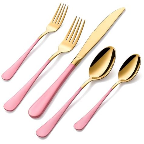 Pink Silverware, Cutlery Aesthetic, Cute Silverware, Girly Kitchen Decor, Pink Kitchen Utensils, Pink Utensils, Spoon Sets, Ash Aesthetic, Unique Utensils