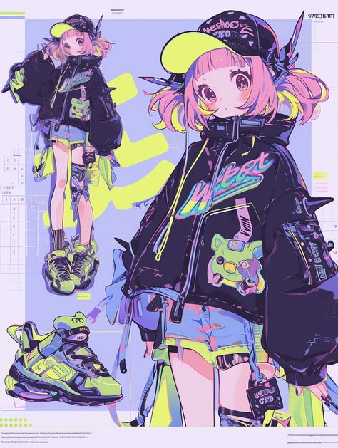 Cyberpunk Neon Outfit, Cyberpunk Oc Art Female, Vaporwave Character, Neon Character Design, Cyberpunk Outfit Ideas, Pastel Cyberpunk, Cyberpunk Outfit Design, Kawaii Cyberpunk, Cyberpunk Clothes