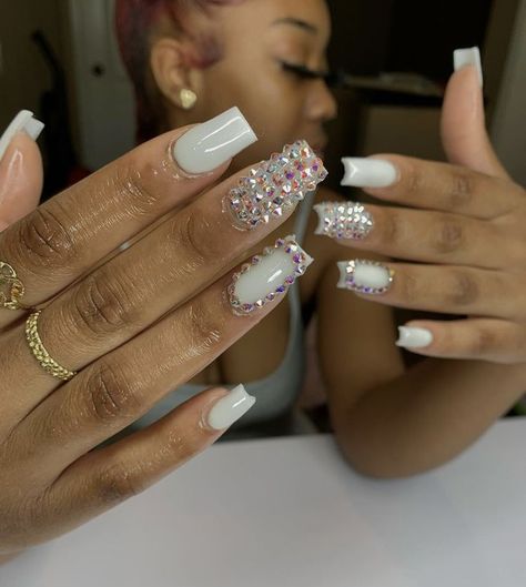 Customize Nails, Nail Rhinestone Design, Birthday Baddie, Acrylics Nails, Caviar Nails, Overlay Nails, Sweet Nails, Small Nails, Nails Pretty