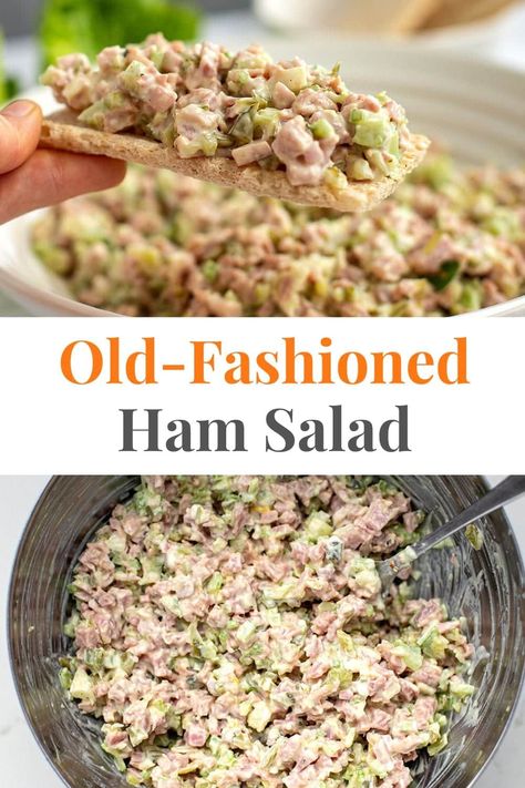 Old-fashioned ham salad is a classic American recipe that has been enjoyed for generations. It features finely diced ham, celery and sweet and zesty pickles all bound together by a medley of mustard and creamy mayonnaise. It's usually served with crackers or smothered on a sandwich. This is a great recipe for using up leftover ham after Thanksgiving, Christmas or Easter. via @irena_macri Best Ham Salad Recipe, Ham Salad Recipe Easy, Canned Ham Recipes, Ham Salad Recipe Pioneer Woman, Zesty Pickles, Old Fashioned Ham Salad Recipe, Ham Salad Spread, Easy Ham Salad, Best Ham Salad