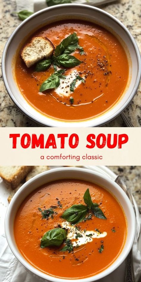 🍅🥣 Easy Homemade Tomato Soup: A Comforting Classic Made Fresh! 🍃✨   Looking for a cozy, healthy soup? This Easy Homemade Tomato Soup is made with fresh tomatoes, garlic, and herbs for a rich, flavorful bowl of comfort. 🌟 Perfect for a quick lunch or dinner, it's creamy, satisfying, and pairs beautifully with grilled cheese!   👉 Save this Pin and make your own warm, comforting soup tonight! 💚   #TomatoSoup #HomemadeSoup #ComfortFood #HealthyRecipes #EasyMeals Best Homemade Tomato Soup, Easy Homemade Tomato Soup, Homemade Tomato Basil Soup, Homemade Tomato Soup, Tomato Soup Easy, Tomato Soup Homemade, Fall Soup Recipes, Creamy Tomato Soup, Tomato Basil Soup