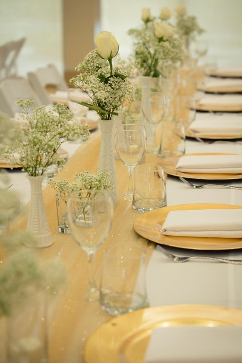 DIY gold glitter tulle runner with milk glass centerpieces, white & gold wedding White And Gold Table Decor Simple, 50 Anniversary Ideas Decoration Table, Formal Decorations, Etiquette Dinner, Tulle Table Runner, Grad Decorations, Gold Table Decor, Milk Glass Centerpiece, Banquet Centerpieces