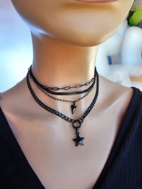 Goth Punk Aesthetic, Alternative Accessories, Punk Choker, Black Gold Necklace, Aesthetic Necklace, Goth Accessories, Goth Necklace, Punk Aesthetic, Layered Chain Necklace