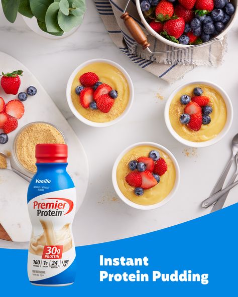 Late night snacks with no regrets. Just add Premier Protein Vanilla Shake to your favorite pudding mix for a simply sweet, guilt-free treat. Premier Protein Pudding, Premier Protein Pudding Recipe, Recipes With Vanilla Premier Protein Shakes, Keto Pudding With Protein Shake, Premier Protein Pudding Recipe Sugar Free, Premier Protein Powder Shake Recipes Vanilla, Protein Pudding Recipe Sugar Free, Ww Premier Protein Pudding, Bariatric Protein Pudding