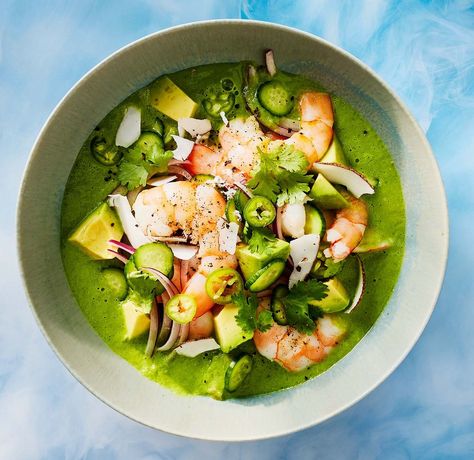 shrimp, cucumber, and tomatillo aguachile Aguachile Recipe, Pozole Verde Recipe, Spring Soup Recipes, Chilled Soup, Greek Lemon Chicken, Vegan Lunch Recipes, Fresh Coconut, Broth Recipes, Veggie Soup