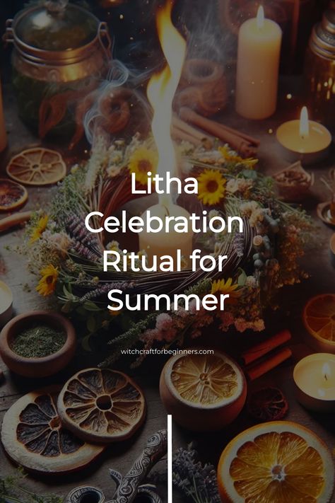 Litha celebration altar with candles, herbs, and dried fruits for a summer ritual. Summer Solstice Party Aesthetic, Summer Solstice Ritual Pagan, Litha Correspondences, Litha Celebration, Litha Ritual, Witchcraft Practice, Summer Solstice Wedding, Summer Solstice Ritual, Divine Feminine And Masculine