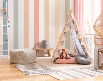 Rainbow Stripe Wall, Pediatrics Office, Striped Accent Walls, Wall Stripes, Hygge House, Rainbow Wall Mural, Rainbow Mural, Rainbow Wall Decal, Striped Walls