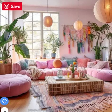 Colorful Boho Decor Living Room, Orange Green Purple Interior Design, Colorful Yoga Studio, Pastel Eclectic Decor Bedroom, Pastel Living Room Ideas, Kawaii Apartment, Fun Living Room Decor, Colorful Boho Living Room, Living Room Colorful