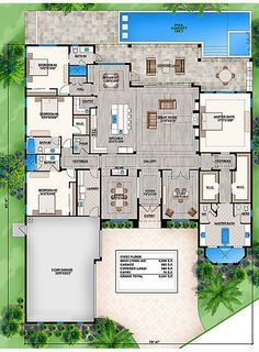 Luxury House Floor Plans, One Level House Plans, Florida House Plans, Pool House Plans, Coastal House Plans, Mansion Floor Plan, House Plans One Story, Rumah Minecraft, Houses Plans