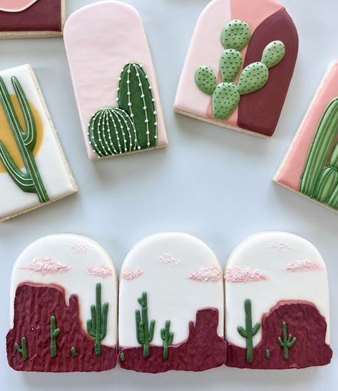 Arizona Cookies Decorated, Desert Cookies Decorated, Arizona Cookies, Sunset Cookies, Cactus Sugar Cookies, Trendy Cookies, Desert Cookies, Mexico Theme, Cactus Cookies